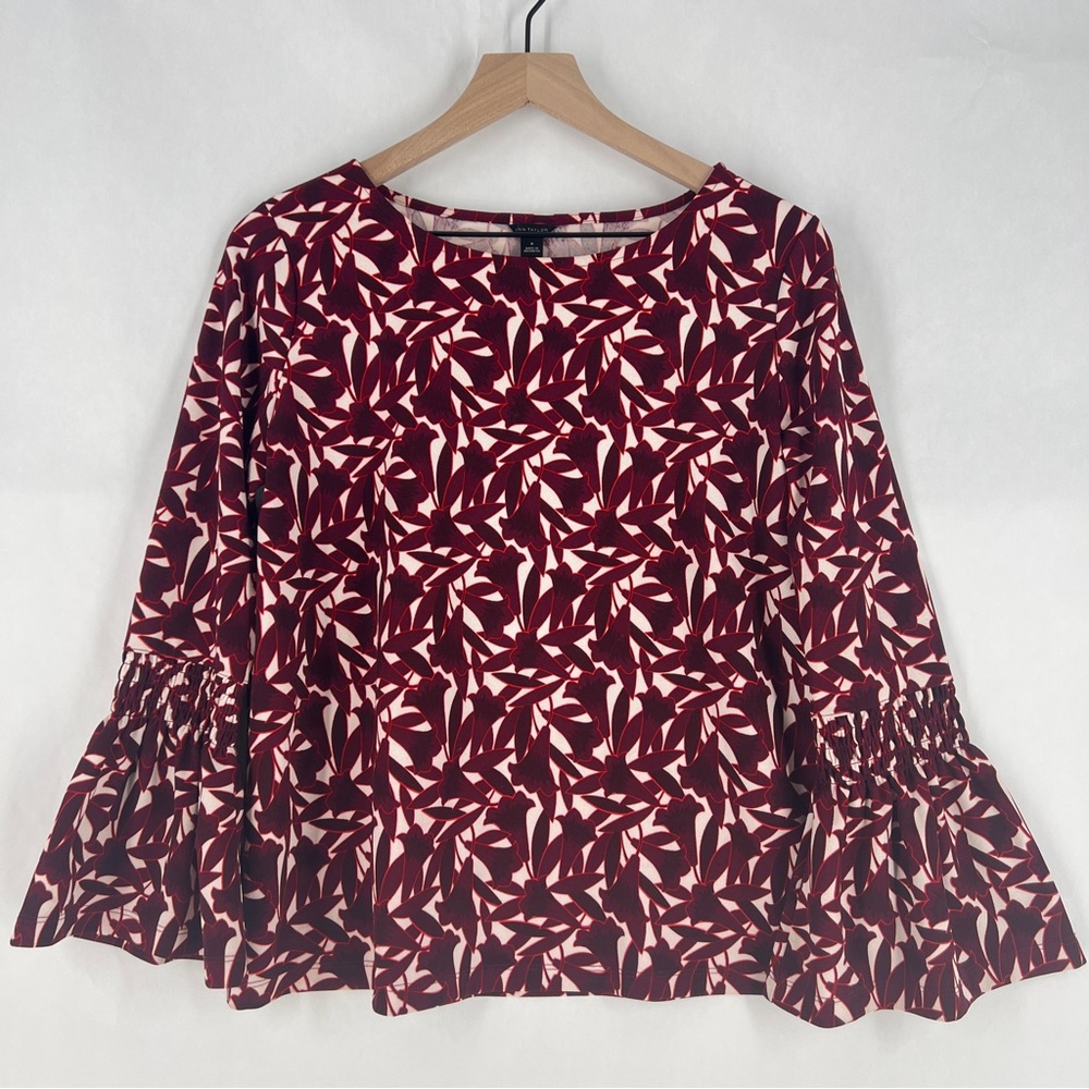 Ann Taylor Elegant Burgundy Floral Print Stretch Crepe Women's Bell Sleeve Top M